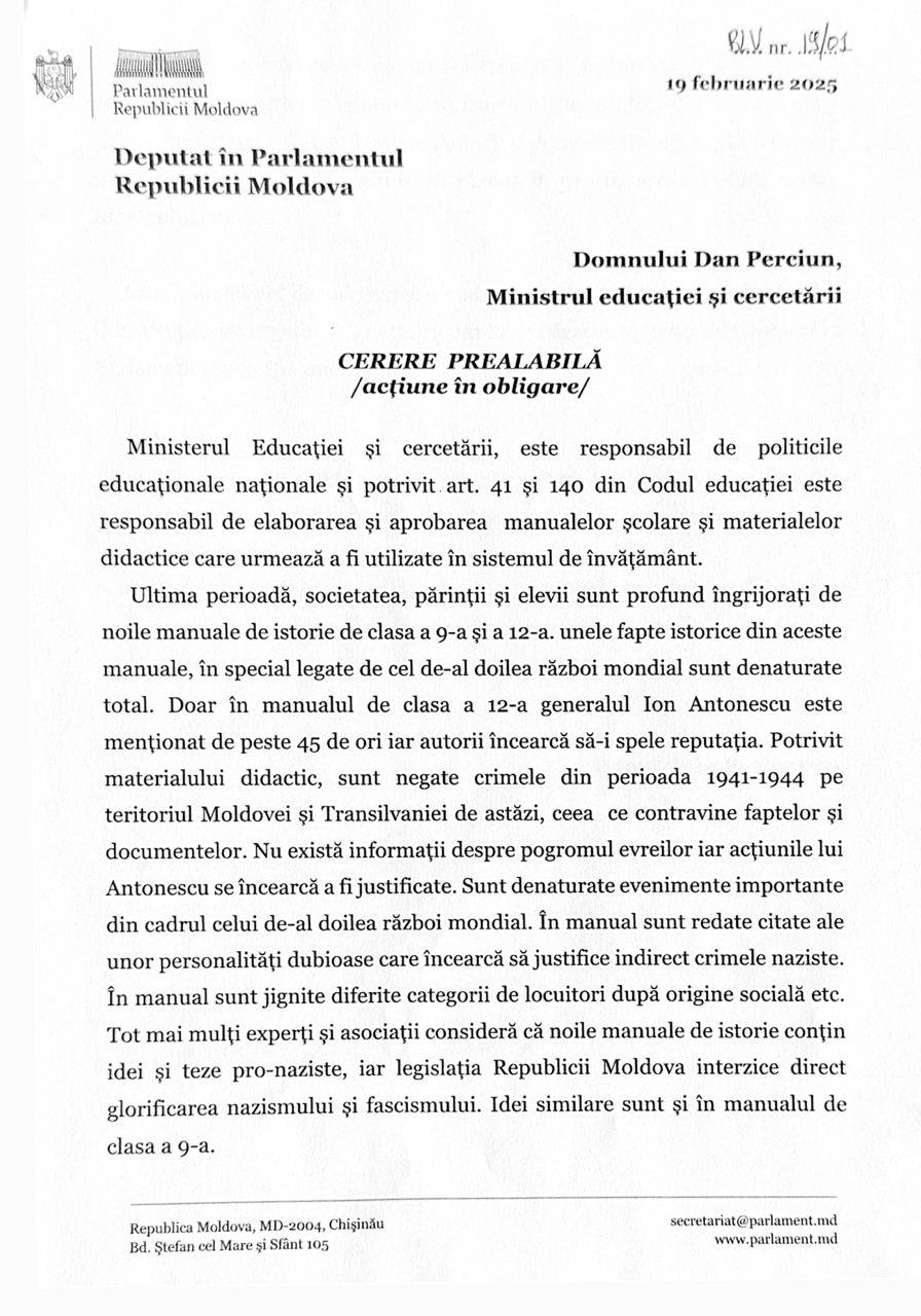 Grupul parlamentar „Victorie” cere retragerea și revizuirea manualelor de istorie pentru clasele a IX-a și a XII-a